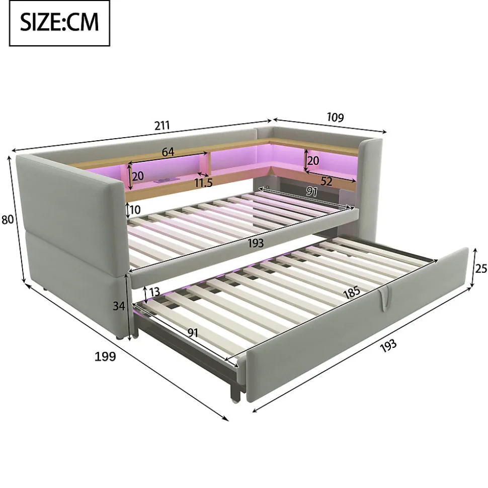 Lit Gigogne 90/180x190 cm Convertible avec LED et Prise USB, Rangement sous le Lit, Tissu Flanelle Gris Clair, Sans Matelas