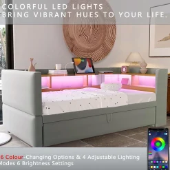 Lit Gigogne 90/180x190 cm Convertible avec LED et Prise USB, Rangement sous le Lit, Tissu Flanelle Gris Clair, Sans Matelas