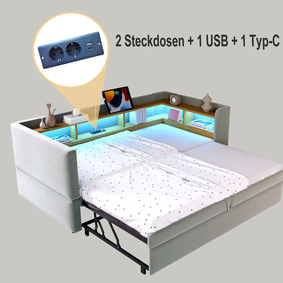 Lit Gigogne 90/180x190 cm Convertible avec LED et Prise USB, Rangement sous le Lit, Tissu Flanelle Gris Clair, Sans Matelas