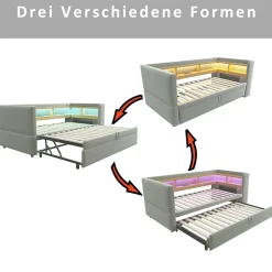 Lit Gigogne 90/180x190 cm Convertible avec LED et Prise USB, Rangement sous le Lit, Tissu Flanelle Gris Clair, Sans Matelas