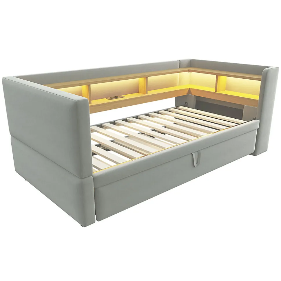 Lit Gigogne 90/180x190 cm Convertible avec LED et Prise USB, Rangement sous le Lit, Tissu Flanelle Gris Clair, Sans Matelas