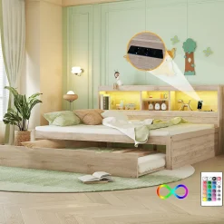 Lit gigogne 140x200 cm double avec tiroir coulissant, LED télécommandée, ports USB, prise électrique et rangement - bois naturel