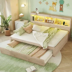 Lit gigogne 140x200 cm double avec tiroir coulissant, LED télécommandée, ports USB, prise électrique et rangement - bois naturel