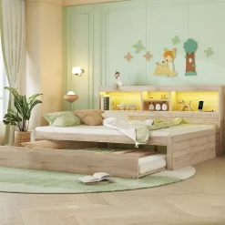 Lit gigogne 140x200 cm double avec tiroir coulissant, LED télécommandée, ports USB, prise électrique et rangement - bois naturel