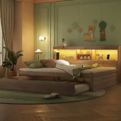 Lit gigogne 140x200 cm double avec tiroir coulissant, LED télécommandée, ports USB, prise électrique et rangement - bois naturel