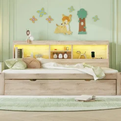 Lit gigogne 140x200 cm double avec tiroir coulissant, LED télécommandée, ports USB, prise électrique et rangement - bois naturel