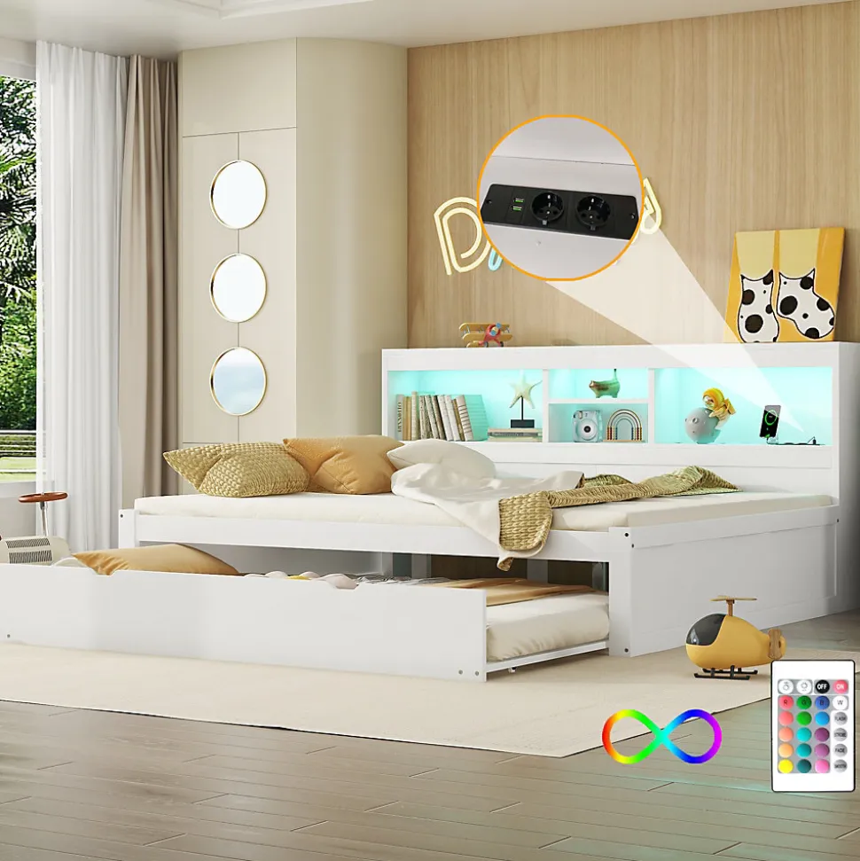 Lit gigogne 140x200 cm double avec tiroir coulissant, LED télécommandée, ports USB, prise électrique et rangement - blanc