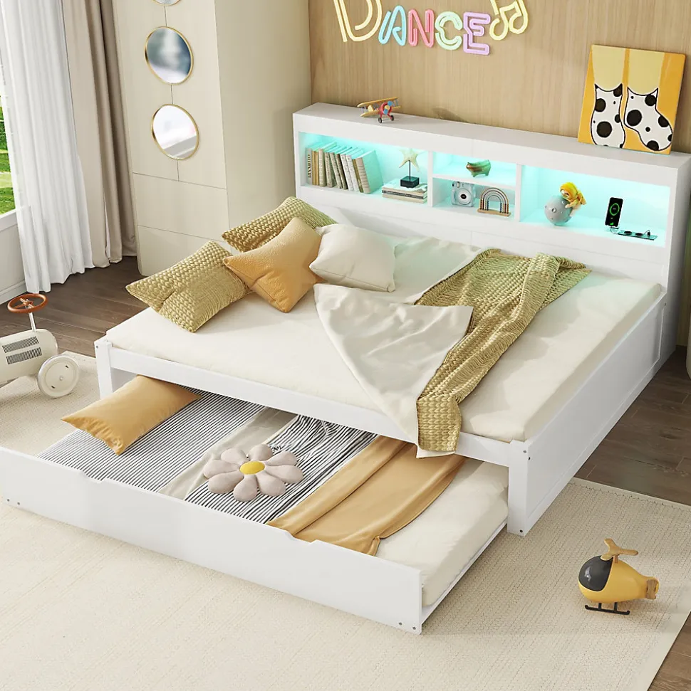 Lit gigogne 140x200 cm double avec tiroir coulissant, LED télécommandée, ports USB, prise électrique et rangement - blanc