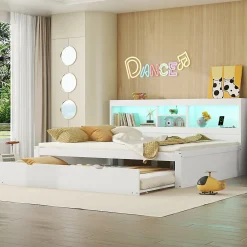 Lit gigogne 140x200 cm double avec tiroir coulissant, LED télécommandée, ports USB, prise électrique et rangement - blanc