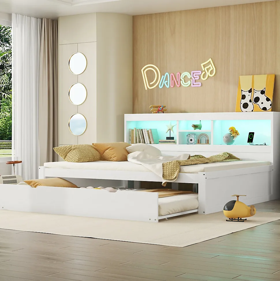 Lit gigogne 140x200 cm double avec tiroir coulissant, LED télécommandée, ports USB, prise électrique et rangement - blanc