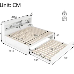 Lit gigogne 140x200 cm double avec tiroir coulissant, LED télécommandée, ports USB, prise électrique et rangement - blanc