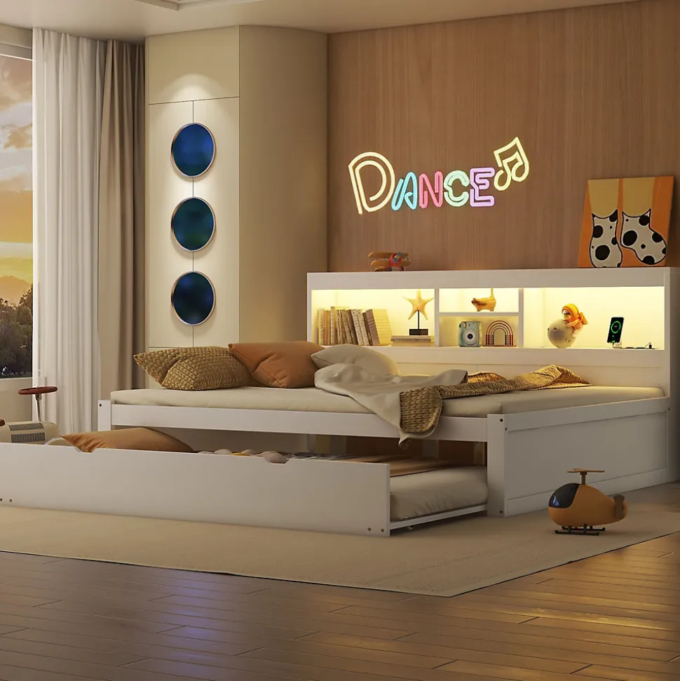 Lit gigogne 140x200 cm double avec tiroir coulissant, LED télécommandée, ports USB, prise électrique et rangement - blanc