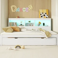 Lit gigogne 140x200 cm double avec tiroir coulissant, LED télécommandée, ports USB, prise électrique et rangement - blanc