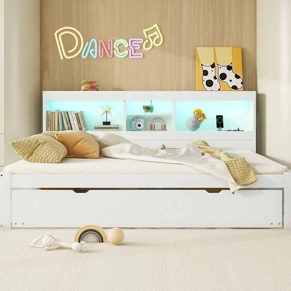 Lit gigogne 140x200 cm double avec tiroir coulissant, LED télécommandée, ports USB, prise électrique et rangement - blanc