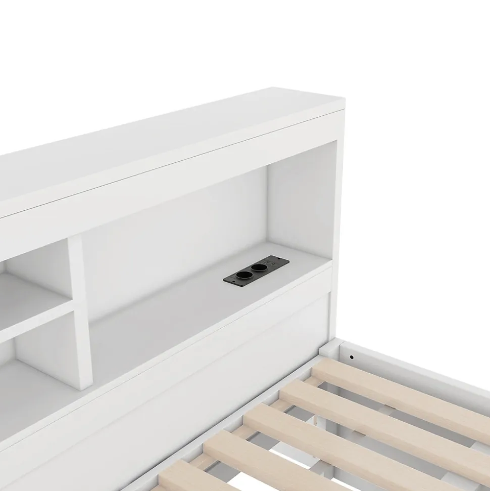 Lit gigogne 140x200 cm double avec tiroir coulissant, LED télécommandée, ports USB, prise électrique et rangement - blanc