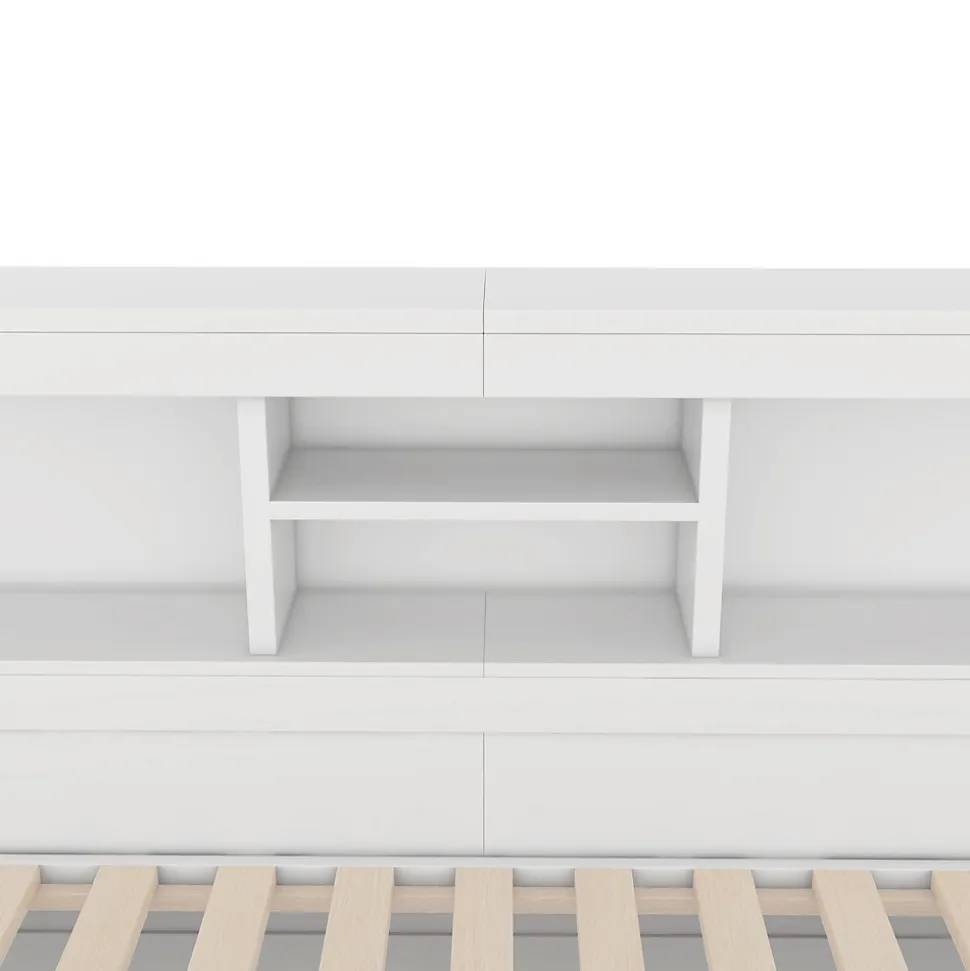 Lit gigogne 140x200 cm double avec tiroir coulissant, LED télécommandée, ports USB, prise électrique et rangement - blanc