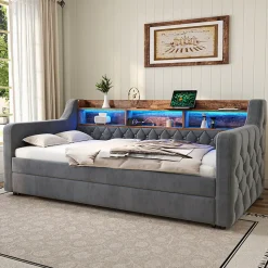 Lit Gigogne 90x190 cm Gris avec Rangement Intégré, LED et Port USB, Tissu Velours