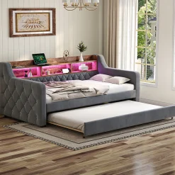 Lit Gigogne 90x190 cm Gris avec Rangement Intégré, LED et Port USB, Tissu Velours