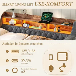 Lit Gigogne 90x190 cm Gris avec Rangement Intégré, LED et Port USB, Tissu Velours