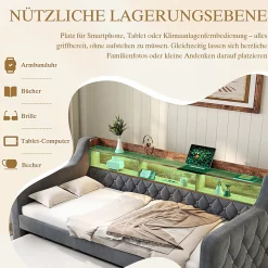 Lit Gigogne 90x190 cm Gris avec Rangement Intégré, LED et Port USB, Tissu Velours