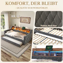 Lit Gigogne 90x190 cm Gris avec Rangement Intégré, LED et Port USB, Tissu Velours