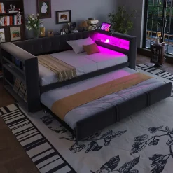 Lit Gigogne 90/180x190 cm, LED et Prise Électrique - Lit Simple avec Bureau Escamotable et Rangement - Gris Foncé - Sans Matelas