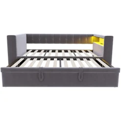 Lit Gigogne 90/180x190 cm, LED et Prise Électrique - Lit Simple avec Bureau Escamotable et Rangement - Gris Foncé - Sans Matelas