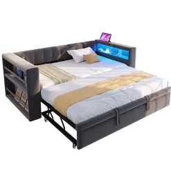 Lit Gigogne 90/180x190 cm, LED et Prise Électrique - Lit Simple avec Bureau Escamotable et Rangement - Gris Foncé - Sans Matelas