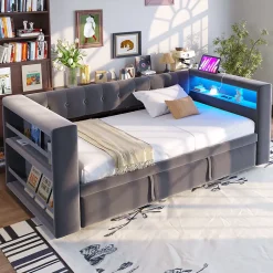 Lit Gigogne 90/180x190 cm, LED et Prise Électrique - Lit Simple avec Bureau Escamotable et Rangement - Gris Foncé - Sans Matelas