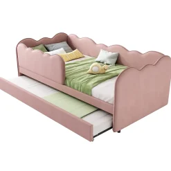 Lit Gigogne 90x190 cm, Lit Enfant Banquette avec Lit Tiroir et Sommier à Lattes, Design Moderne, Revêtement Velours Rose