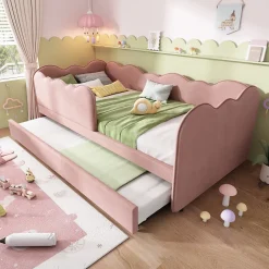 Lit Gigogne 90x190 cm, Lit Enfant Banquette avec Lit Tiroir et Sommier à Lattes, Design Moderne, Revêtement Velours Rose