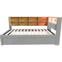 Lit Gigogne 90x200 cm, Lit Enfant avec Port USB et Rangements Intégrés, Éclairage LED Intégré, Tissu Gris Clair - Sans Matelas