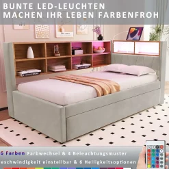 Lit Gigogne 90x200 cm, Lit Enfant avec Port USB et Rangements Intégrés, Éclairage LED Intégré, Tissu Gris Clair - Sans Matelas
