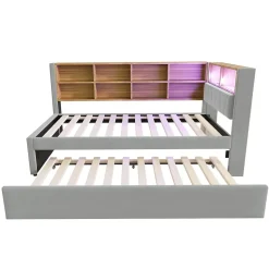 Lit Gigogne 90x200 cm, Lit Enfant avec Port USB et Rangements Intégrés, Éclairage LED Intégré, Tissu Gris Clair - Sans Matelas