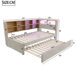 Lit Gigogne 90x200 cm, Lit Enfant avec Port USB et Rangements Intégrés, Éclairage LED Intégré, Tissu Gris Clair - Sans Matelas