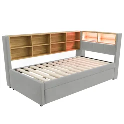 Lit Gigogne 90x200 cm, Lit Enfant avec Port USB et Rangements Intégrés, Éclairage LED Intégré, Tissu Gris Clair - Sans Matelas