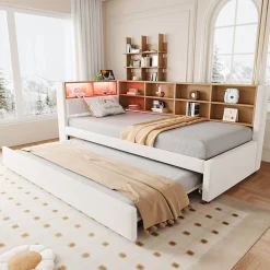 Lit Gigogne 90x200 cm, Lit Simple avec LED et Rangement Coulissant, Pratique pour Chambre enfant ou Ado - Sans Matelas - Beige