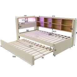 Lit Gigogne 90x200 cm, Lit Simple avec LED et Rangement Coulissant, Pratique pour Chambre enfant ou Ado - Sans Matelas - Beige