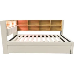 Lit Gigogne 90x200 cm, Lit Simple avec LED et Rangement Coulissant, Pratique pour Chambre enfant ou Ado - Sans Matelas - Beige