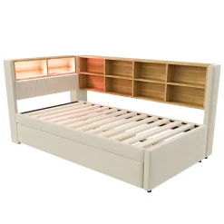 Lit Gigogne 90x200 cm, Lit Simple avec LED et Rangement Coulissant, Pratique pour Chambre enfant ou Ado - Sans Matelas - Beige