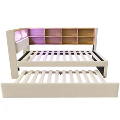 Lit Gigogne 90x200 cm, Lit Simple avec LED et Rangement Coulissant, Pratique pour Chambre enfant ou Ado - Sans Matelas - Beige