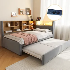 Lit Gigogne 90x200 cm, Lit Simple enfant avec Port USB et Rangements Intégrés - Tissu Gris Foncé - Sans Matelas