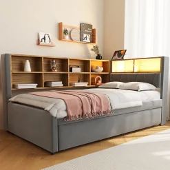 Lit Gigogne 90x200 cm, Lit Simple enfant avec Port USB et Rangements Intégrés - Tissu Gris Foncé - Sans Matelas