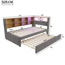 Lit Gigogne 90x200 cm, Lit Simple enfant avec Port USB et Rangements Intégrés - Tissu Gris Foncé - Sans Matelas