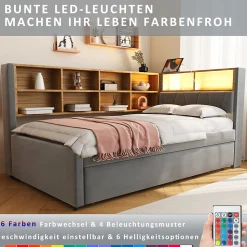 Lit Gigogne 90x200 cm, Lit Simple enfant avec Port USB et Rangements Intégrés - Tissu Gris Foncé - Sans Matelas