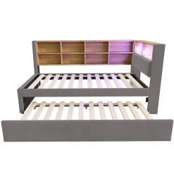 Lit Gigogne 90x200 cm, Lit Simple enfant avec Port USB et Rangements Intégrés - Tissu Gris Foncé - Sans Matelas