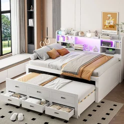 Lit Gigogne 140x200 cm, Lit Tiroir et 3 Tiroirs Multifonction avec LED Télécommande et Ports USB Type-C - Blanc, Sans Matelas