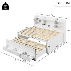 Lit Gigogne 140x200 cm, Lit Tiroir et 3 Tiroirs Multifonction avec LED Télécommande et Ports USB Type-C - Blanc, Sans Matelas