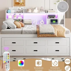 Lit Gigogne 140x200 cm, Lit Tiroir et 3 Tiroirs Multifonction avec LED Télécommande et Ports USB Type-C - Blanc, Sans Matelas