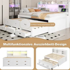 Lit Gigogne 140x200 cm, Lit Tiroir et 3 Tiroirs Multifonction avec LED Télécommande et Ports USB Type-C - Blanc, Sans Matelas